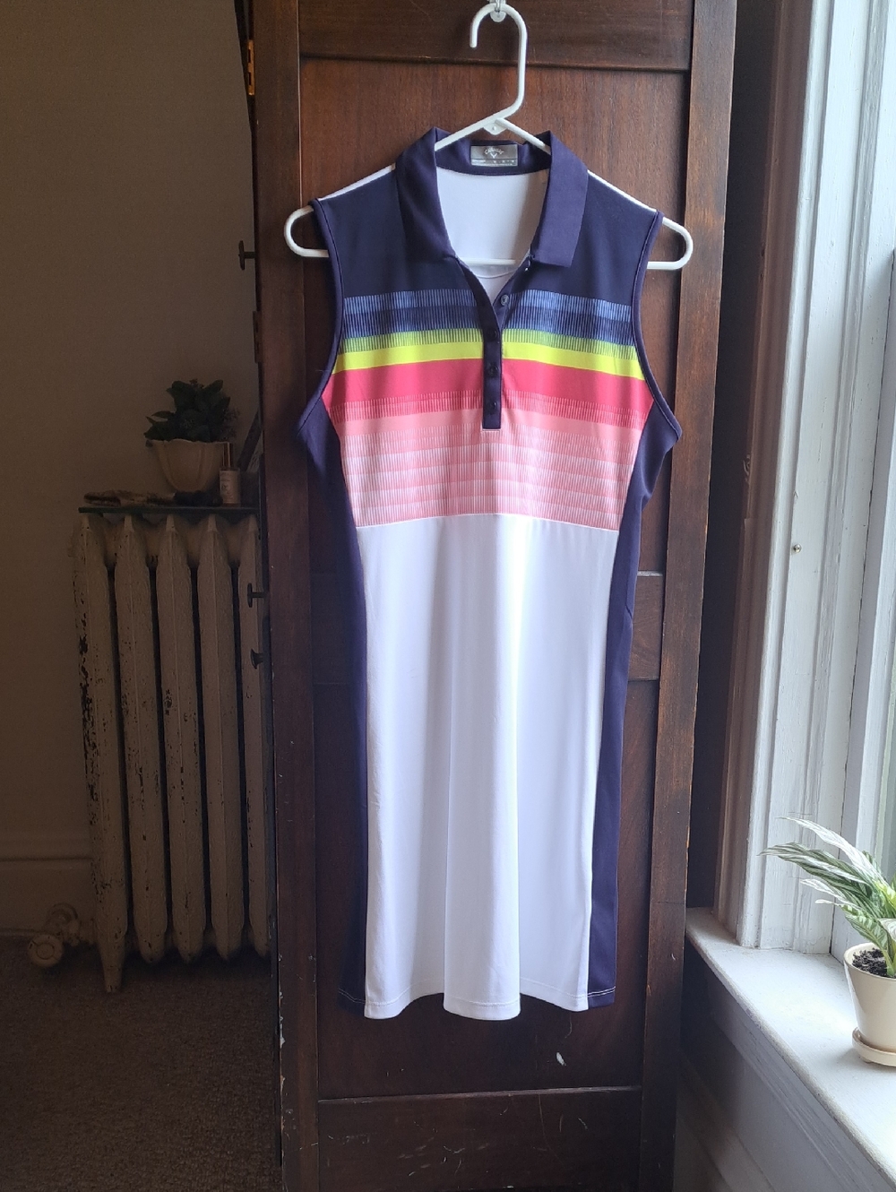 Callaway Woman's Size Med  White Stripe  Polo Top with Navy Collar Golf Dress